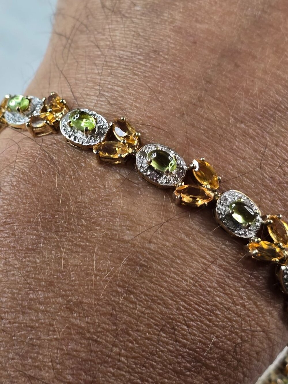 Womens Sterling Silver Gold Tone Citrine Peridot Bracelet 16.2g E6675